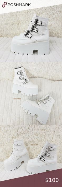 White Bat 3.5" Platform Combat Goth Punk Boots 3 1/2" (90mm) Chunky Heel Cut Out Platform Ankle Boot Featuring 3 Studded Bat Buckle Straps cushioned foot-bed Zip Closure for easy on/off Demonia Shoes Ankle Boots & Booties Edgy White Platform Boots, Edgy White Leather Platform Boots, White Leather Edgy Platform Boots, White Punk Platform Boots, Edgy White Platform Boots With Round Toe, White Edgy Platform Boots For Streetwear, Edgy White Party Boots, Red Platform Heels, Hiker Style