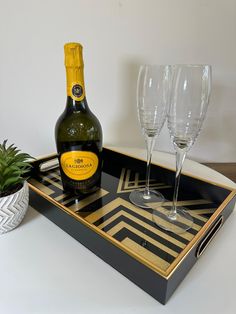 a bottle of champagne and two wine glasses on a tray with a potted plant