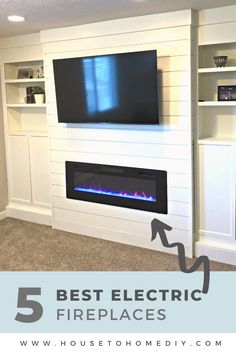 a fireplace with the words best electric fireplaces on it and an image of a television above