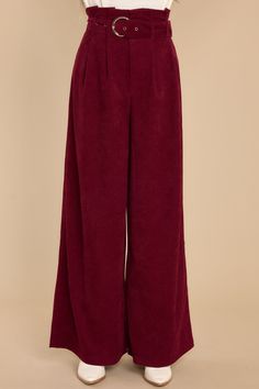 When you have to choose between "those" drab dress pants and these polished burgundy wide leg pants - I know you will choose the latter! You are always Keeping It Classy, in the office and beyond! These pants feature a paper bag style waistline, an adjustable belt, a zipper closure, and very flowy legs. Model is wearing an x-small. • 97% Polyester, 3% Spandex • Hand Wash Cold • Unlined • Imported High Waist Burgundy Wide Leg Pants For Fall, Burgundy High Waist Wide Leg Pants For Fall, Chic Burgundy Wide Leg Pants, Chic Burgundy Wide Leg Trousers, Elegant Burgundy Wide Leg Pants, Burgundy Wide Leg Bottoms For Fall, Burgundy Wide-leg Bottoms For Fall, Chic Burgundy High-waisted Wide Leg Pants, Burgundy High-waisted Pants For Fall