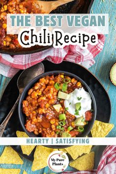 the best vegan chili recipe in a skillet with tortilla chips