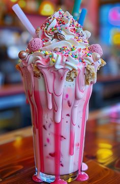 an ice cream sundae with sprinkles and toppings on the top