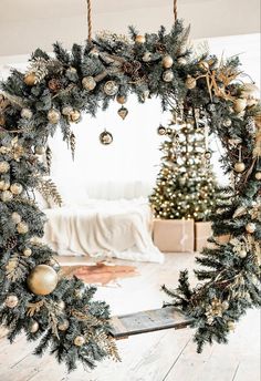 a christmas wreath hanging from the ceiling