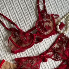 Honey Birdette Frida Bra 32a And Sparkly Heart Bowtie Stockings Worn Once, In Perfect Condition Besides The Charm On The Bra Is Detached And Would Need To Be Sewed Back On If Wanted. Honeylove Bras, Red Bra Set, Honey Birdette, Luxury Balconette Intimates With Built-in Bra, Red Leopard Bra, 32a Bra, Women's Intimates, Stockings, Honey