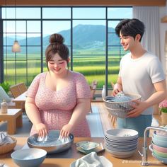 a man and woman standing in front of a table filled with plates, bowls and utensils