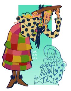 a drawing of a woman wearing a polka dot hat and holding a cell phone to her ear