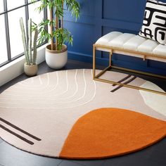 an orange and white rug in front of a blue wall with potted plants on it