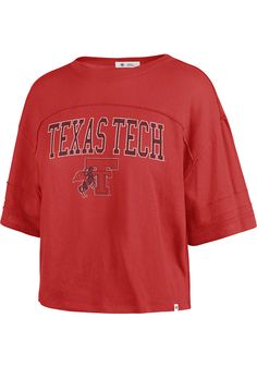 Let everyone know who you root for in this Texas Tech Red Raiders Red Stevie Short Sleeve T-Shirt! This Texas Tech Short Sleeve Tee features a screen print team name and logo on center chest. Cropped, Straight bottom hem, Short sleeve, Crew neck, 100% COTTON, 4 Red Sporty Tops For College, Sporty Red Tops For College, University Red Team Spirit Top With Graphic Print, University Red Tops With Graphic Print For Team Spirit, University Red Tops With Letter Print For Sports, Red Crew Neck T-shirt For College, Red Cotton T-shirt For College, Casual Red Tops For Game Day, University Red Cotton Sports Top