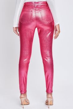 Get ready to shine in our YMI High-Rise Pink Metallic Skinny Jean! Coated for a shimmering effect, these high-waisted pants are perfect for a glam holiday look. The vibrant color and stretchy fabric provide all-day comfort while giving you a flattering fit. Whether it's a work event or holiday party, these jeans will elevate your style. These jeans are a true to size fit. These jeans are a good amount of stretch. The model is wearing her true to size medium in these jeans. Product Detail: -High Wedding Midi Dress, Blue Jean Romper, Active Wear Dresses, Bodycon Dresses Casual, Pink Metallic, Night Wear, Judy Blue Jeans, Short Leggings, All That Glitters