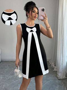 Vestido corto, casual y elegante de manga corta con cuello redondo, lazo y silueta en línea A, de punto elástico, para primavera/verano, en color blanco y negro Blanco y Negro Casual  sin mangas Tela tricotada Color combinado Tank Elástico Alto  Women Clothing, size features are:Bust: ,Length: ,Sleeve Length: