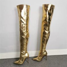 35- 40 Eu Gold Thigh High Boots, Womens Thigh High Boots, Crocodile Boots, Demonia Boots, Gold Foil Design, Burlesque Show, Gold Boots, Drag Queens, Fashion High Heels