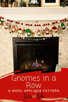 a fireplace decorated for christmas with stockings and ornaments on the mantel above it is an image of gnomes in a row