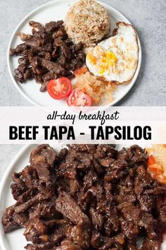 beef tapa and eggs on a white plate with the words, all day breakfast beef tapa - tapa