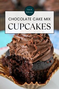 chocolate cake mix cupcakes on a plate with the title overlay reading chocolate cake mix cupcakes