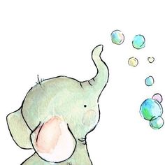 an elephant blowing bubbles with its trunk on it's back while standing in front of a white background