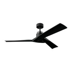 a black ceiling fan on a white background with the light turned on and it's blades pointing upward