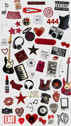 various stickers are arranged in the shape of a heart and an image of a guitar