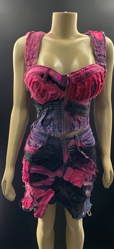 Super cute pink distressed destroyed denim corset top...sure add that special touch to any women closet ... shop and save on exclusive customized items Korsett Top, Women Closet, Pink Corset Top, Pink Punk, Denim Corset Top, Blue Jean Outfits, Pink Corset, Denim Corset, Womens Blouses