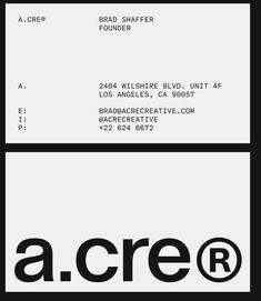 two black and white business cards with the word'a - cre'on them