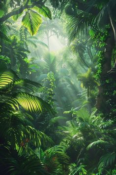 the sun shines through the trees and leaves in this tropical jungle scene with lush green foliage