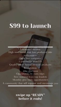 a person holding a cell phone in their hand with the text $ 99 to launch