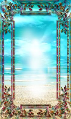 an ornate frame on the beach with blue sky and water