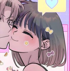 a couple kissing each other in front of a pink wall with hearts and stars on it