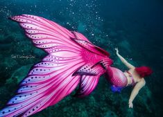 a woman is swimming in the water next to a large pink flower that looks like a fish