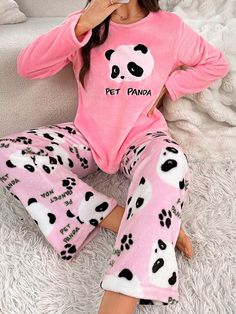 Cute Panda Plush Long Sleeve And Long Pants Women's Pajama Set Pink Cute,Elegant  Long Sleeve Polyester Animal,Cartoon,Geometric Straight Leg Non-Stretch Fall/Winter Women Sleep & Lounge, size features are:Bust: ,Length: ,Sleeve Length: Cute Long Sleeve Sleepwear With Character Print, Cute Long Sleeve Character Print Sleepwear, Long Sleeve Cartoon Print Sleepwear For Home, Panda Pyjamas, Pink Long Sleeve Sleepwear With Cartoon Print, Panda Lindo, Bow Shorts, Slim Fit Top, Couple Matching