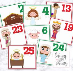 printable christmas cards with pictures of the birth of jesus and numbers for each child