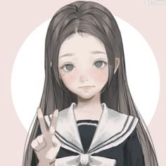 a drawing of a girl with long brown hair wearing a sailor's outfit and making the peace sign