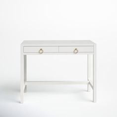 a white desk with two drawers on the top and one drawer at the bottom, against a white background