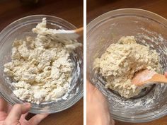 two pictures showing the mixing process for dough in a glass bowl with a wooden spoon