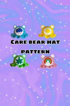 three knitted teddy bears with the words care bear hat pattern above them on a purple background