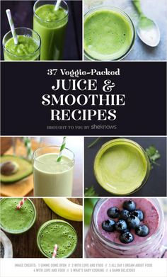 some smoothies and juices are shown in this collage with the title, 23 veggie - packed juice & smoothie recipes