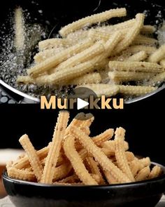 two pictures showing how to make churros in a frying pan and then cooking them