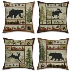 four pillows with animals and trees on them