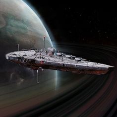 a space ship floating in front of a giant planet