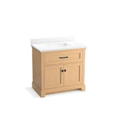 a bathroom vanity with a white sink and wooden cabinetry on the side, against a white background