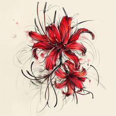 Red Spider Lily Tattoo Vector Art Spider Lily Tattoo Ribs, Spider Lily With Spider Tattoo, Japanese Red Spider Lily Tattoo, Red Spider Lily Sketch, Red Spider Lily Tattoo Meaning, Unique Tattoo Ideas Sketches, Black Nails With Red Flowers, Body Art Tattoos Creative, Black And Red Ink Tattoo