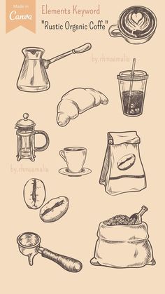 an image of coffee related items drawn by hand in ink on paper, with the title elements keyword rustic organic coffee