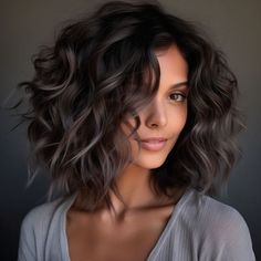 Shadow Gray Frosting on Dark Curls Grey Hair Color Curly, Dark Hair With Silver Balayage, Blend Grays On Dark Hair, Dark Hair Over 40, Medium Hair Styles For Wavy Hair, Dark Hair Styles Medium, Gray Blending Hair Dark Brown Curly, Dark Hair Gray Blending, How To Hide Grays In Dark Hair