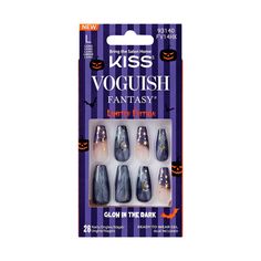 Unleash your Halloween spirit with KISS Limited Edition Voguish Fantasy Press-On Nails with glue. Perfect for the spookiest night of the year, these magical nails have a magnetic powder effect, just like you find in a salon. Achieve spellbinding, salon-quality nails that look and feel eerily natural. These DIY fake nails feature enchanting designs that will keep your nail game bewitchingly bold and are sure to ‘cast a spell’ on everyone you meet. Nails Glow In The Dark, Boo Baskets, Kiss Products, Impress Nails, Halloween Press On Nails, Pink Gel Nails, Fantasy Nails, Stars Design, Gel Nails Diy