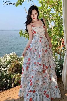 41991890337839|41991890370607|41991890403375|41991890436143 Korean Floral Dress, Ruffles Cake, Ruffle Cake, Dress Korean, Slip Dresses, Dress Women Elegant, Floral Retro, Korean Dress, Dress Measurements