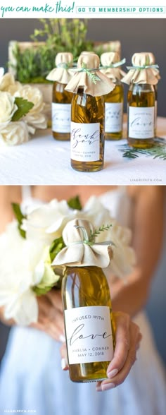 two pictures of bottles with flowers in them and the same one being held by someone's hand