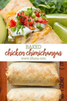 baked chicken chimichangas with salsa and avocado on the side