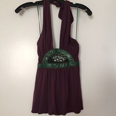 Halter Top/Ties In Back Of Neck, Dark Purple With Green, Open Back, Deep V-Cut, Zippers On Side, Very Sexy, Perfect For Summer, Trendy!! Brand New, Never Worn Purple Halter Neck Top For Party, Spring Party Purple Halter Top, Purple Halter Top For Night Out, Chic Purple Halter Top For Party, Chic Purple Fitted Halter Top, Chic Fitted Purple Halter Top, V Cut, V Cuts, Summer Top