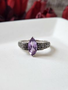 Amethyst Engagement Ring Sterling Silver Art Deco Purple Amethyst Marquise Marcasite Ring Colorful Unique Engagement Ring - Etsy Purple Engagement Ring Vintage, Purple Engagement Rings, Amethyst Engagement Ring, Perfume Jewelry, Clean Sterling Silver, Amethyst Ring Engagement, Vintage Inspired Art, Marcasite Ring, Unique Engagement Ring