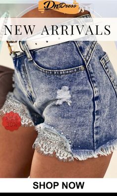 Lace Rhinestone Decor Frayed Hem Denim Shorts High Waist Rhinestone Denim Jeans, High-waist Blue Jeans With Rhinestones, Blue High-waist Jeans With Rhinestones, High Waist Blue Jeans With Rhinestones, Blue High Waist Jeans With Rhinestones, Summer Denim Shorts With Rhinestones, Denim Shorts With Rhinestones For Summer, Blue High Waist Rhinestone Jeans, Denim Blue Embellished Bottoms