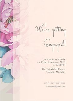 a pink and blue floral wedding card with the words, we're getting engaged